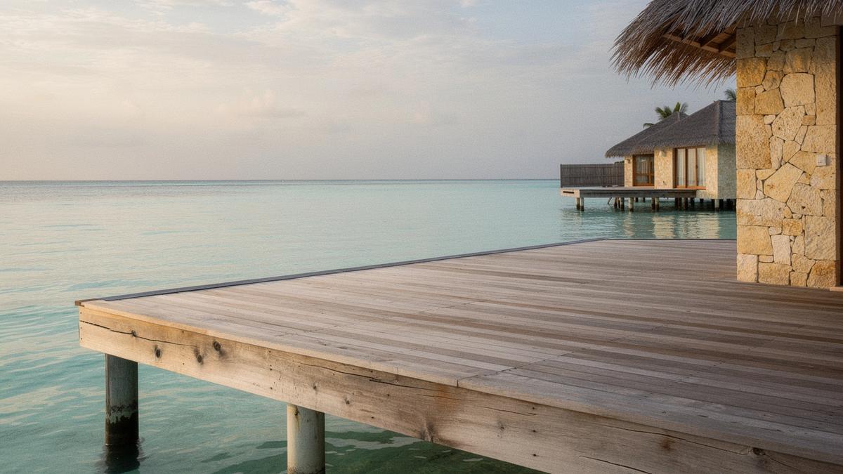 Overwater villa deck standing above a pale lagoon